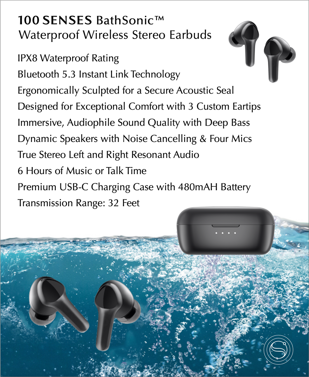 BathSonic earbuds feature graphic with earbuds, charging case and water imagery.
