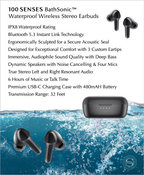 BathSonic earbuds feature graphic with earbuds, charging case and water imagery.