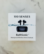 BathSonic waterproof earbuds and charging case pictured on product packaging.