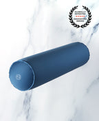 Blue cylindrical inflatable Body Floater bath pillow on white marble with an innovation award emblem.