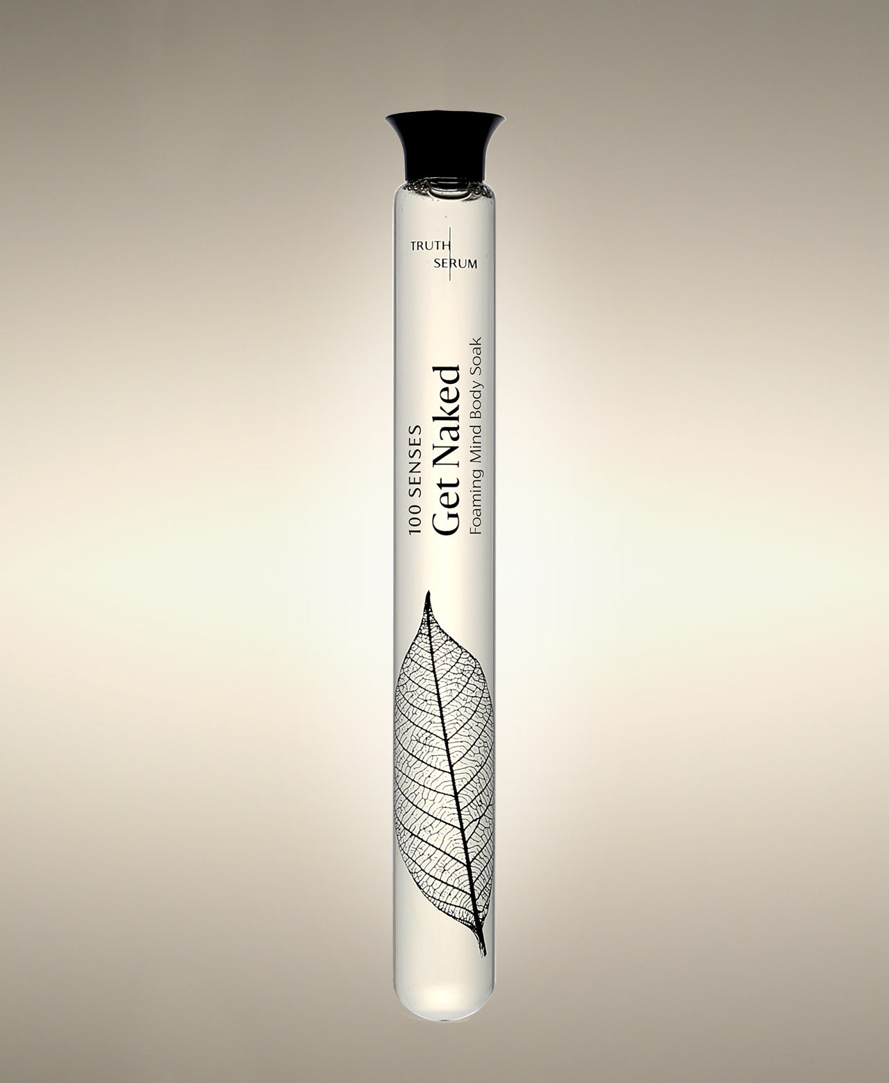 Get Naked Fresh Roses glass Faoming Cylinder Soak with veined leaf illustration.