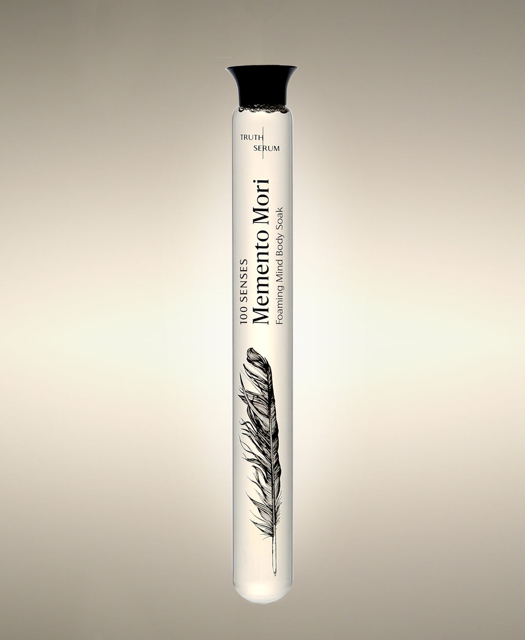 Memento Mori Wild Fig glass Foaming Cylinder Soak with feather illustration.