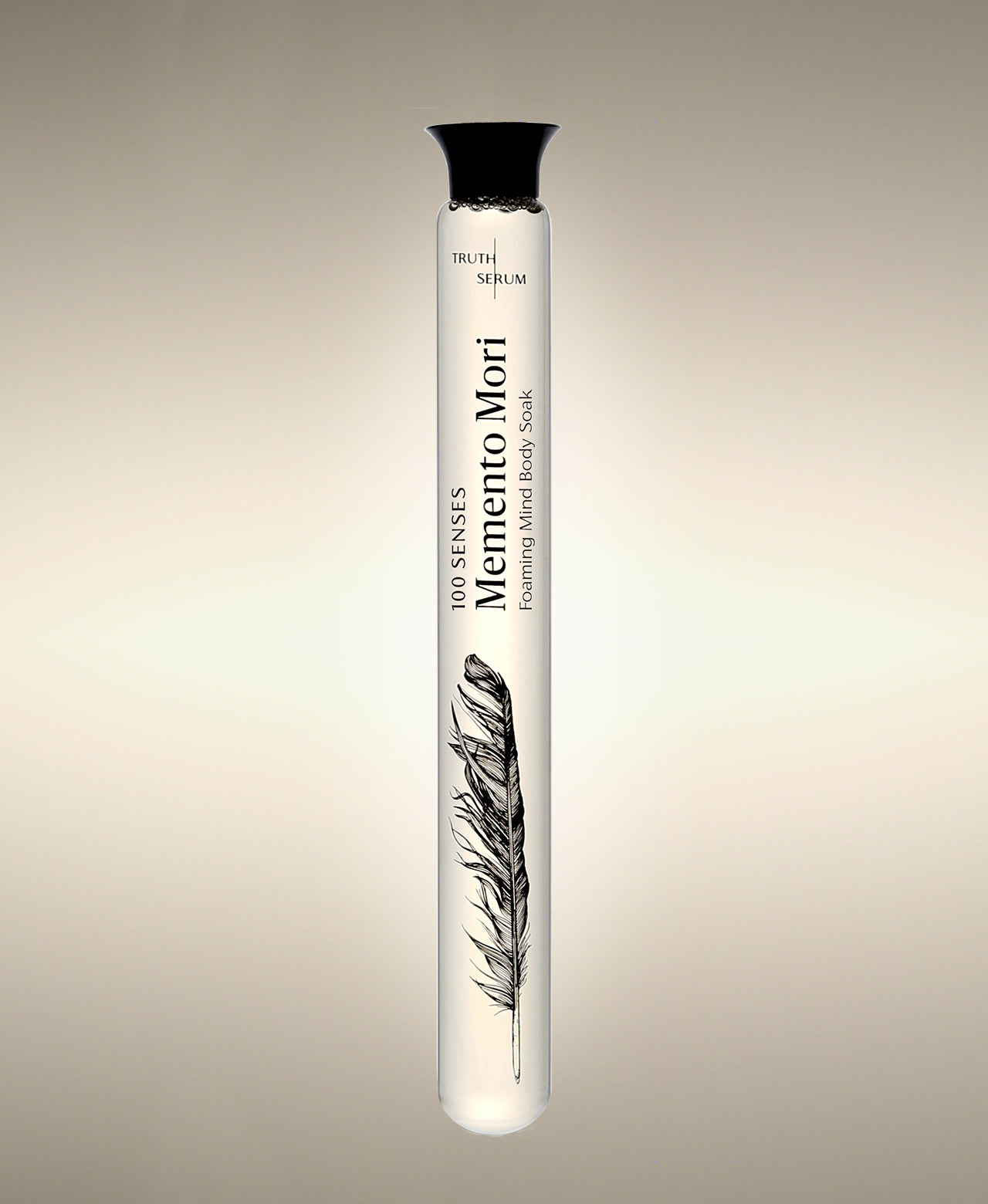 Memento Mori Wild Fig glass Foaming Cylinder Soak with feather illustration.