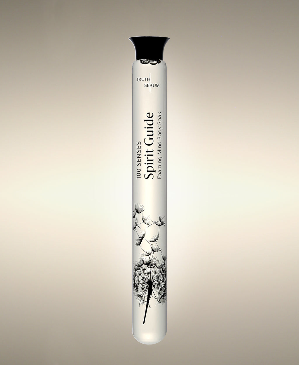 Spirit Guide Vetiver Agarwood glass Foaming Cylinder Soak with an illustration of dandelion seeds drifting from the seed head, standing against a warm neutral background.