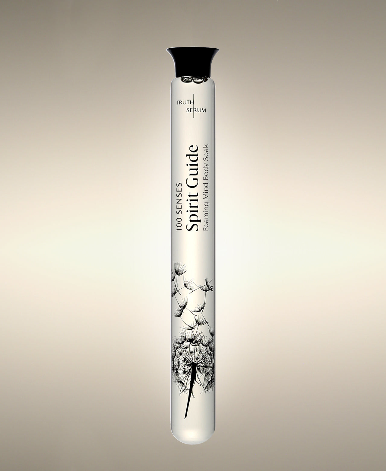 Spirit Guide Vetiver Agarwood glass Foaming Cylinder Soak with an illustration of dandelion seeds drifting from the seed head.