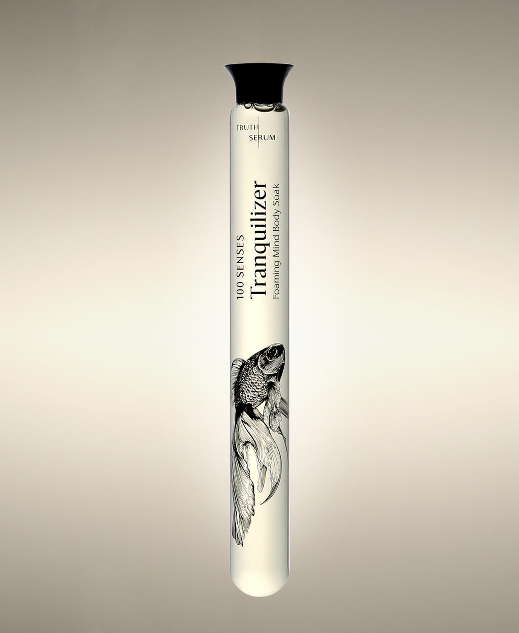 Tranquilizer Foaming Bath Soak glass cylinder with betta fish illustration.