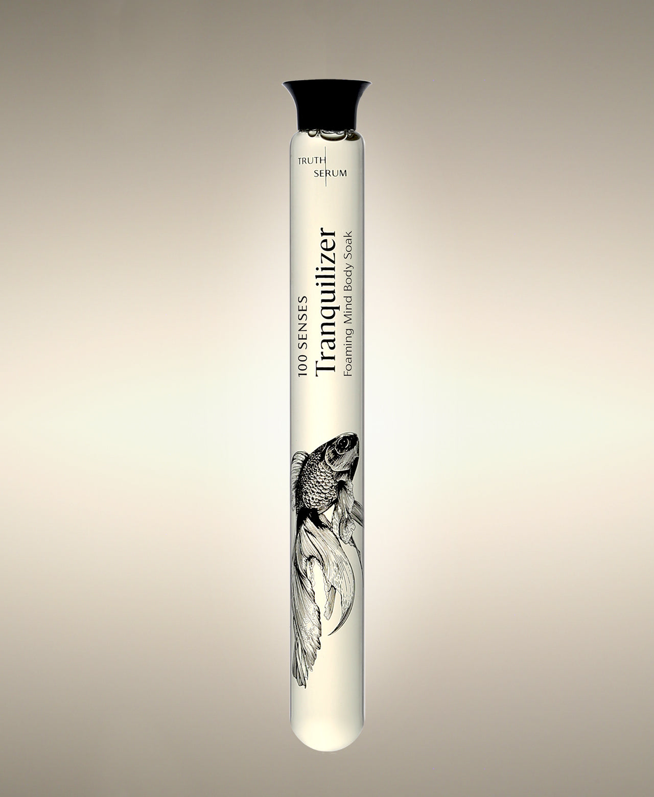 Tranquilizer Foaming Bath Soak glass cylinder with betta fish illustration.