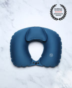 Blue U-shaped Head Floater bath pillow with a globally patented innovation award badge.