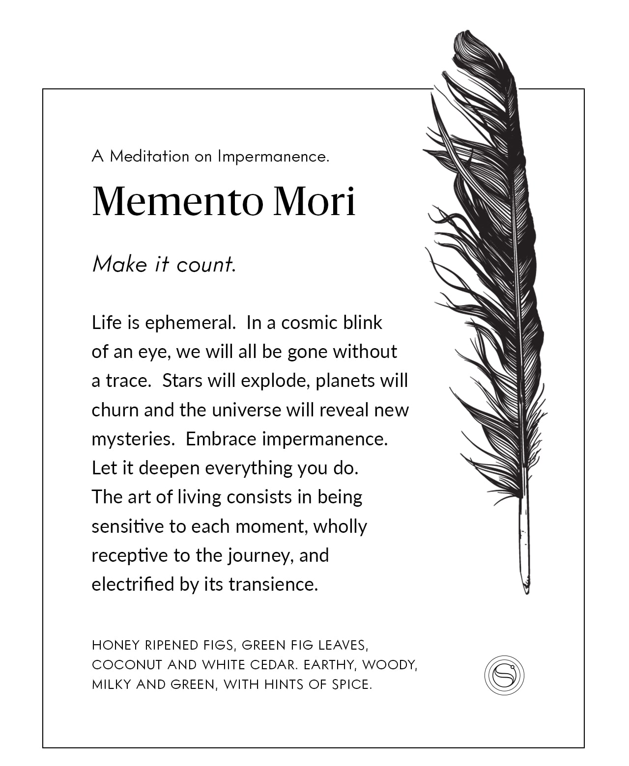 Memento Mori meditation card with a feather illustration and a meditation beginning “Make it count.”