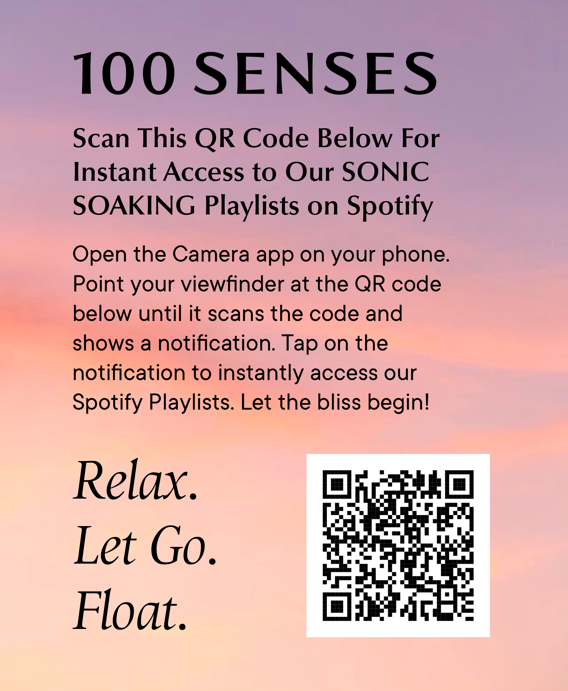 QR code card for accessing 100 SENSES Sonic Soaking playlists on Spotify.