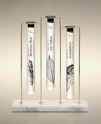 Gold Trio Stand holding Memento Mori, Get Naked and Tranquilizer glass Cylinder Soaks.