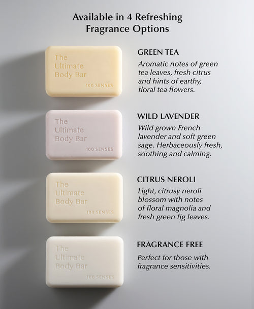 Four Ultimate Body Bars labeled Green Tea, Wild Lavender, Citrus Neroli and Fragrance Free.