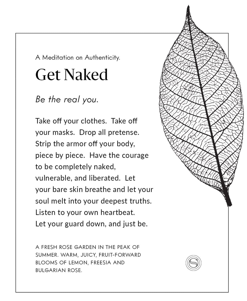 Get Naked meditation card with a detailed leaf-vein illustration and a meditation beginning “Be the real you.”