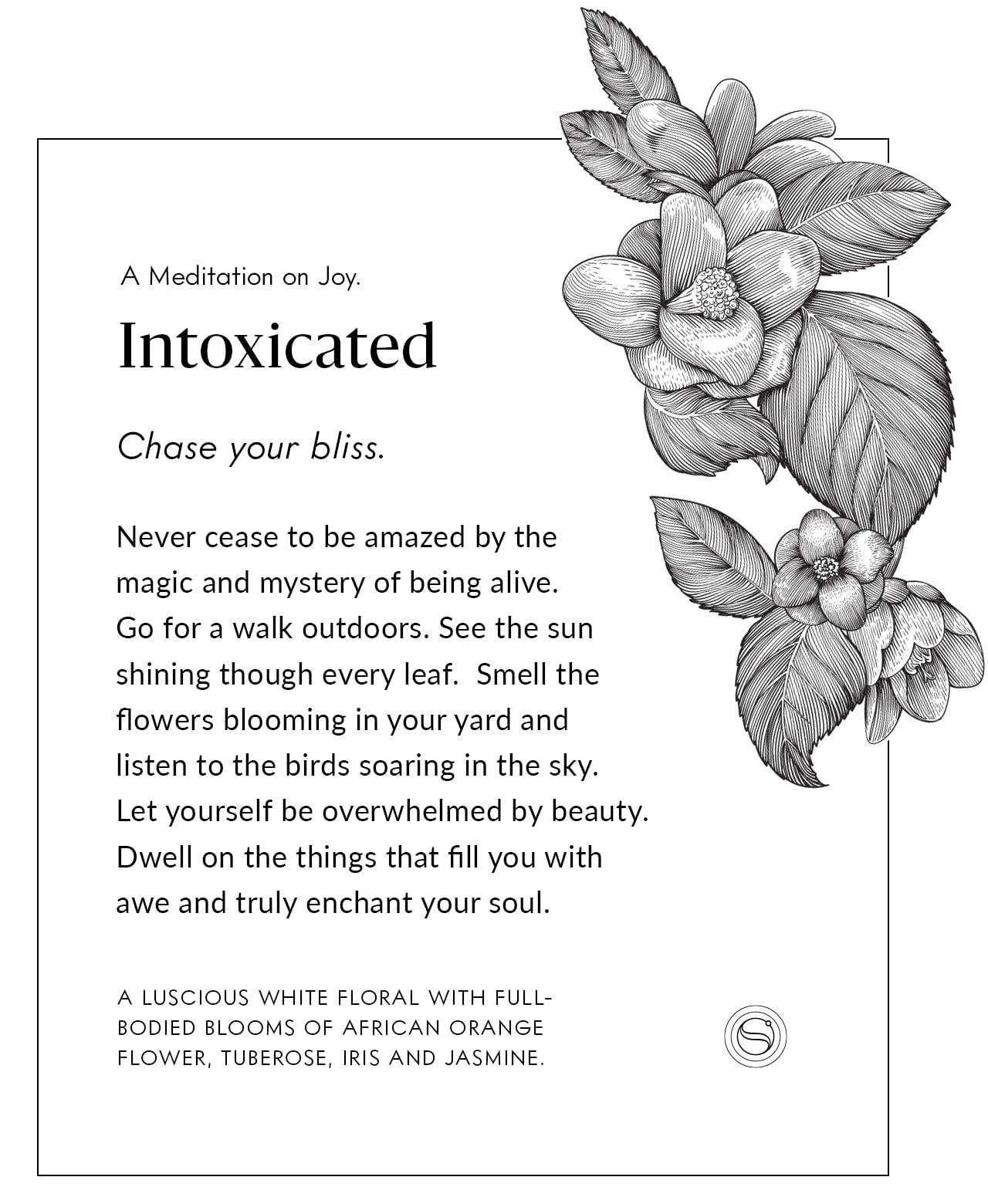 Intoxicated meditation card with tuberose illustration and reflection on joy.