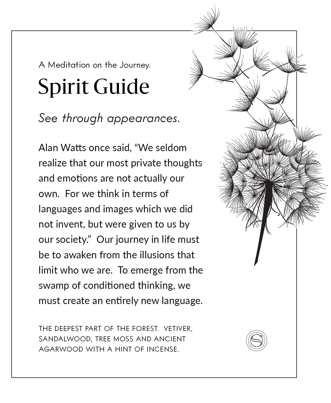Spirit Guide meditation card with dandelion seeds drifting from the seed head and a reflection on the journey.