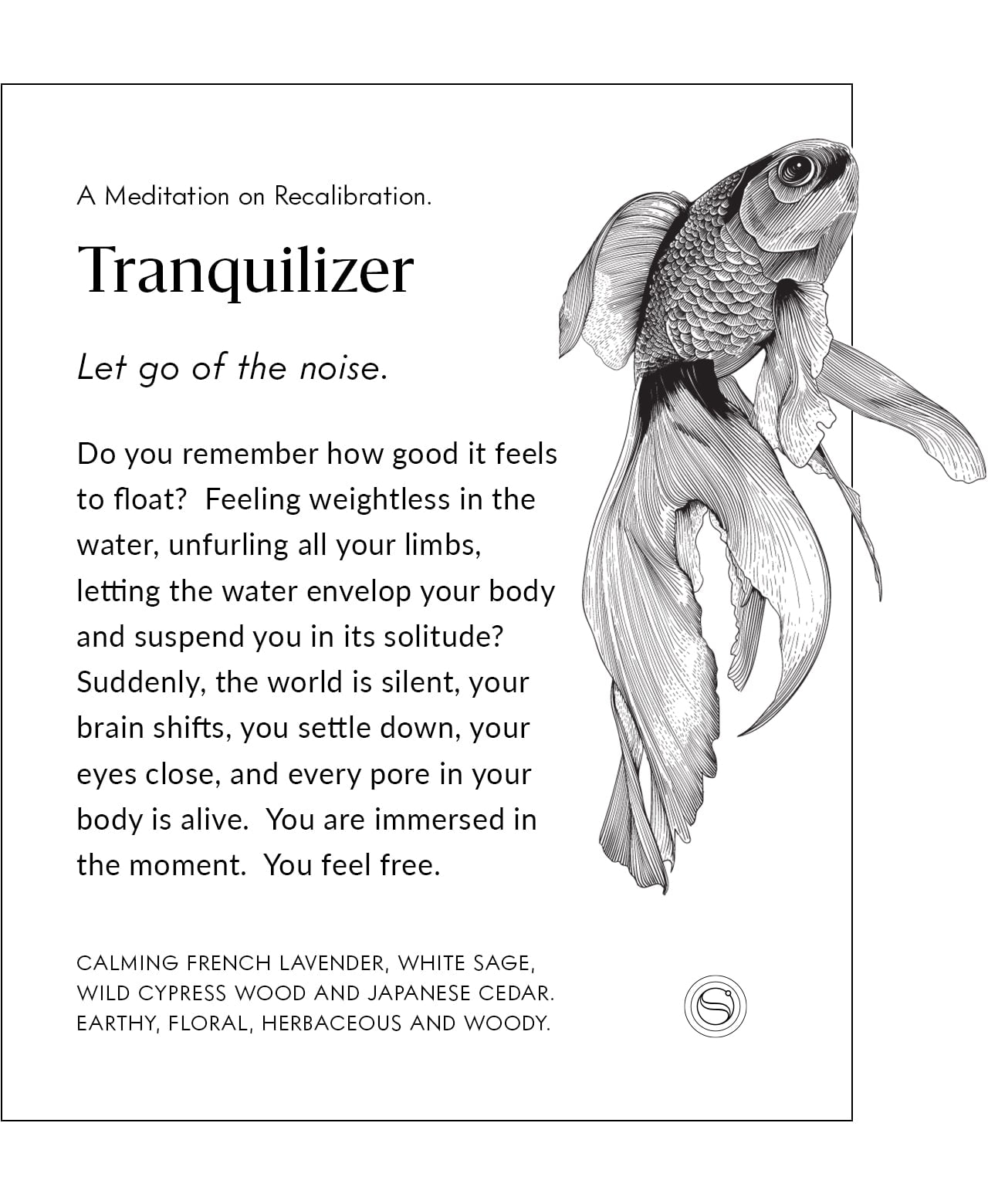 Tranquilizer meditation card with betta fish illustration and bathing reflection.
